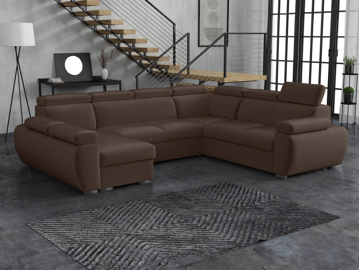 WOHNLANDSCHAFT Boston U, Seite: Links - LC+2P+R+2R - Chromfarben/Braun, Holz/Textil (325/98/260cm) - MIRJAN24