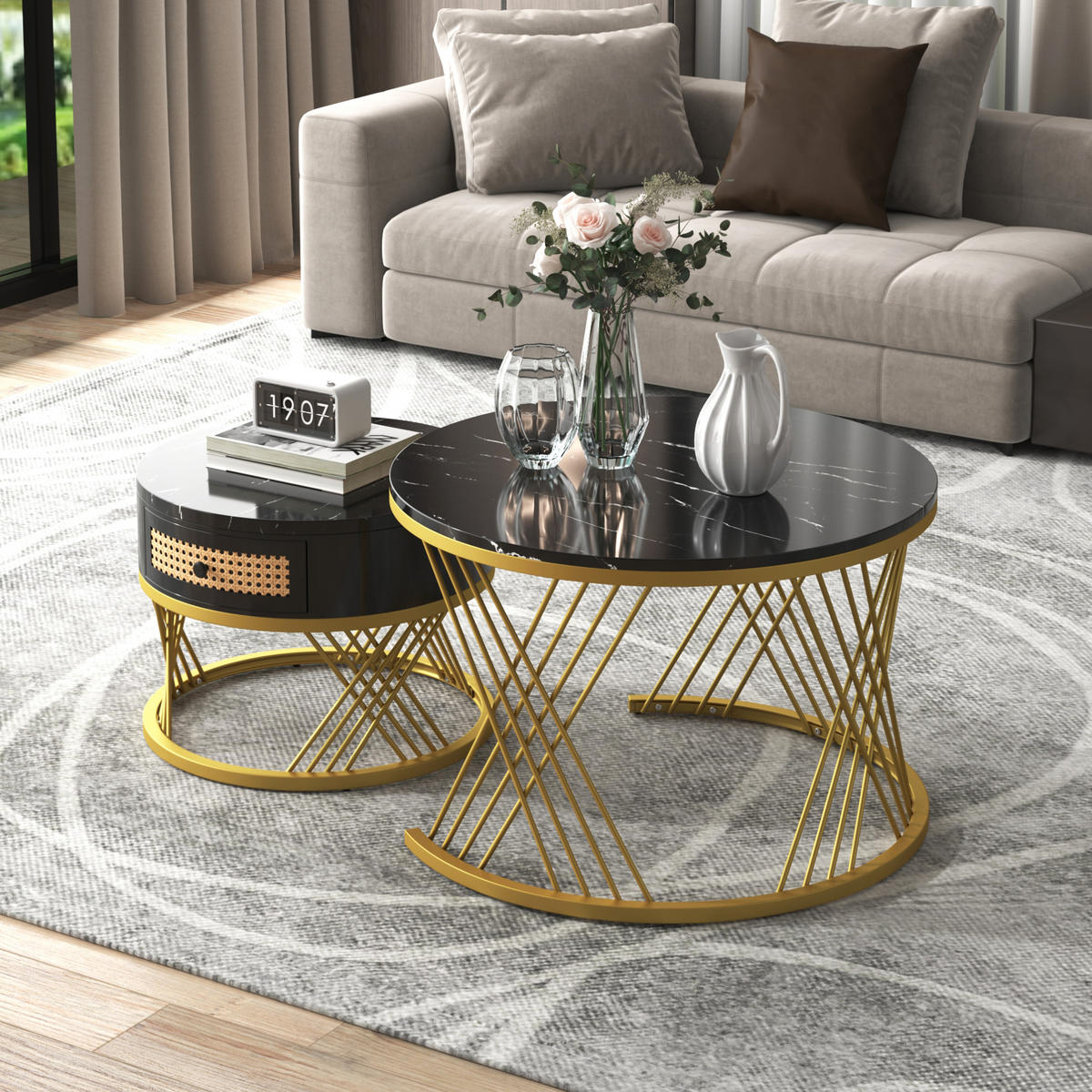 COUCHTISCH 70/50 cm schwarz aus MDF mit Marmormuster und Schublade - Schwarz, Holzwerkstoff (70/70/45.5cm) - OKMYHOME