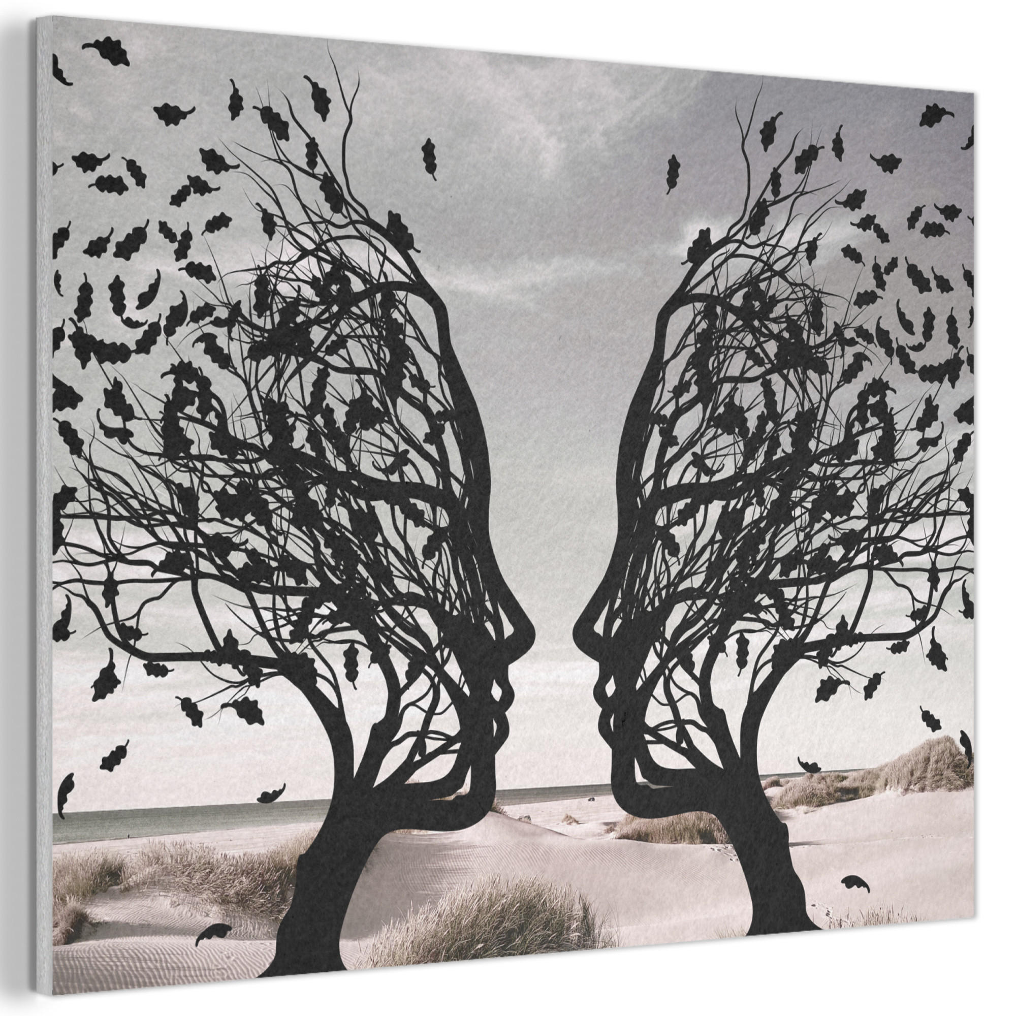 AKUSTIKBILD Strand - Meer - Menschen - Baum - Moderne Kunst Wandbild Wohnzimmer 100x70 cm - Hellgrau, Kunststoff (100/70/0.9cm) - MuchoWow