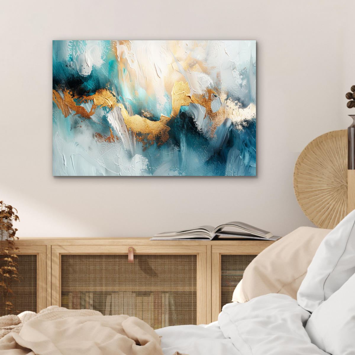 METALLBILD Abstrakt - Kunst - Gold - Blau 60x40 cm - Petrol, Metall (60/40cm) - MuchoWow