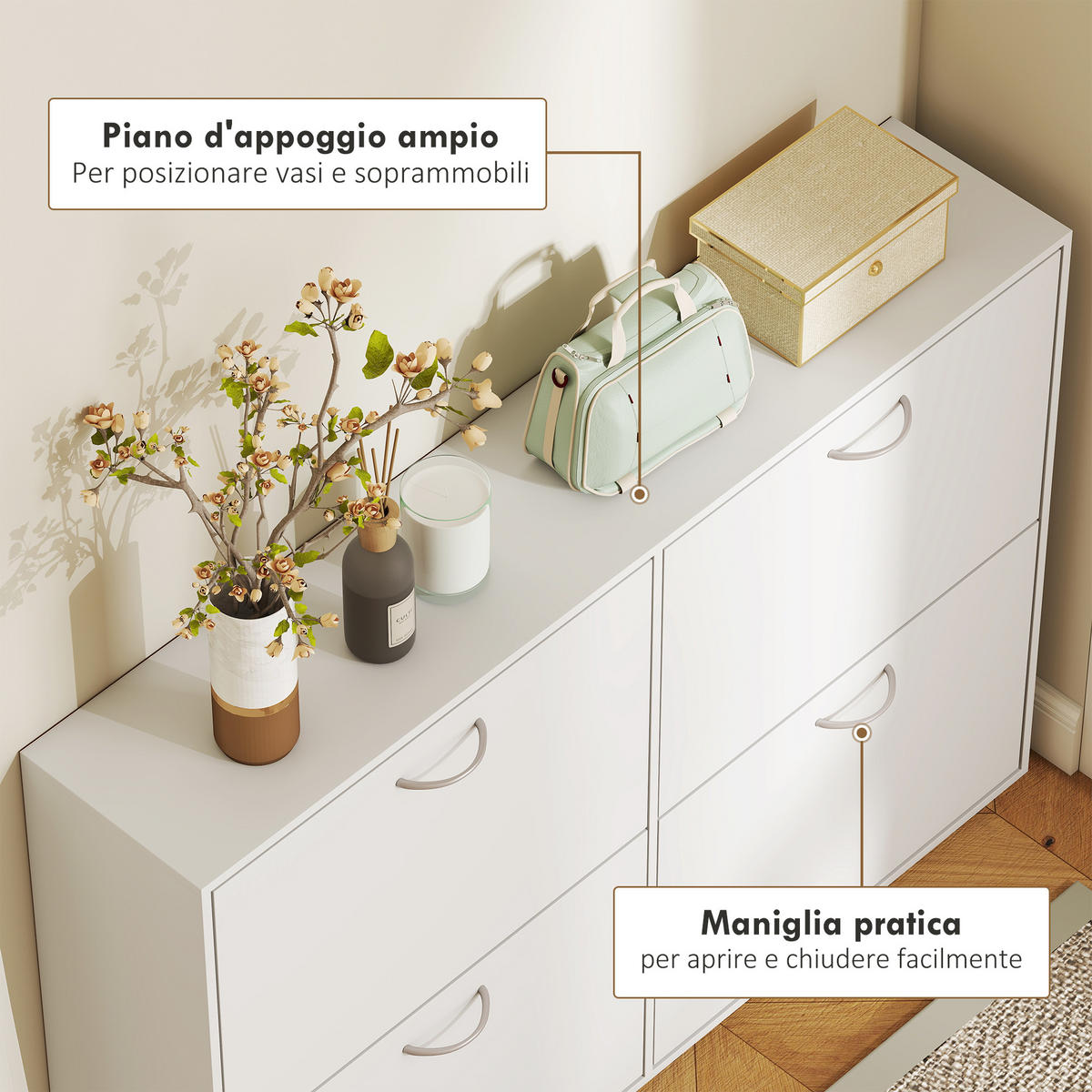SCHUHREGAL,4 Klappschubladen für 16–24 Paar 120x24x81cm,weiß - Weiß, Holzwerkstoff (120/81/24cm) - Vallsero