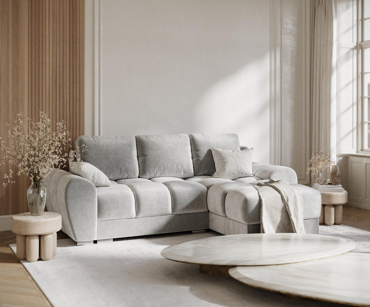 ECKSOFA MIT SCHLAFFUNKTION Peebles Creme Samtstoff - Chromfarben/Creme, Holz/Holzwerkstoff (256/175cm) - Maison de Reve