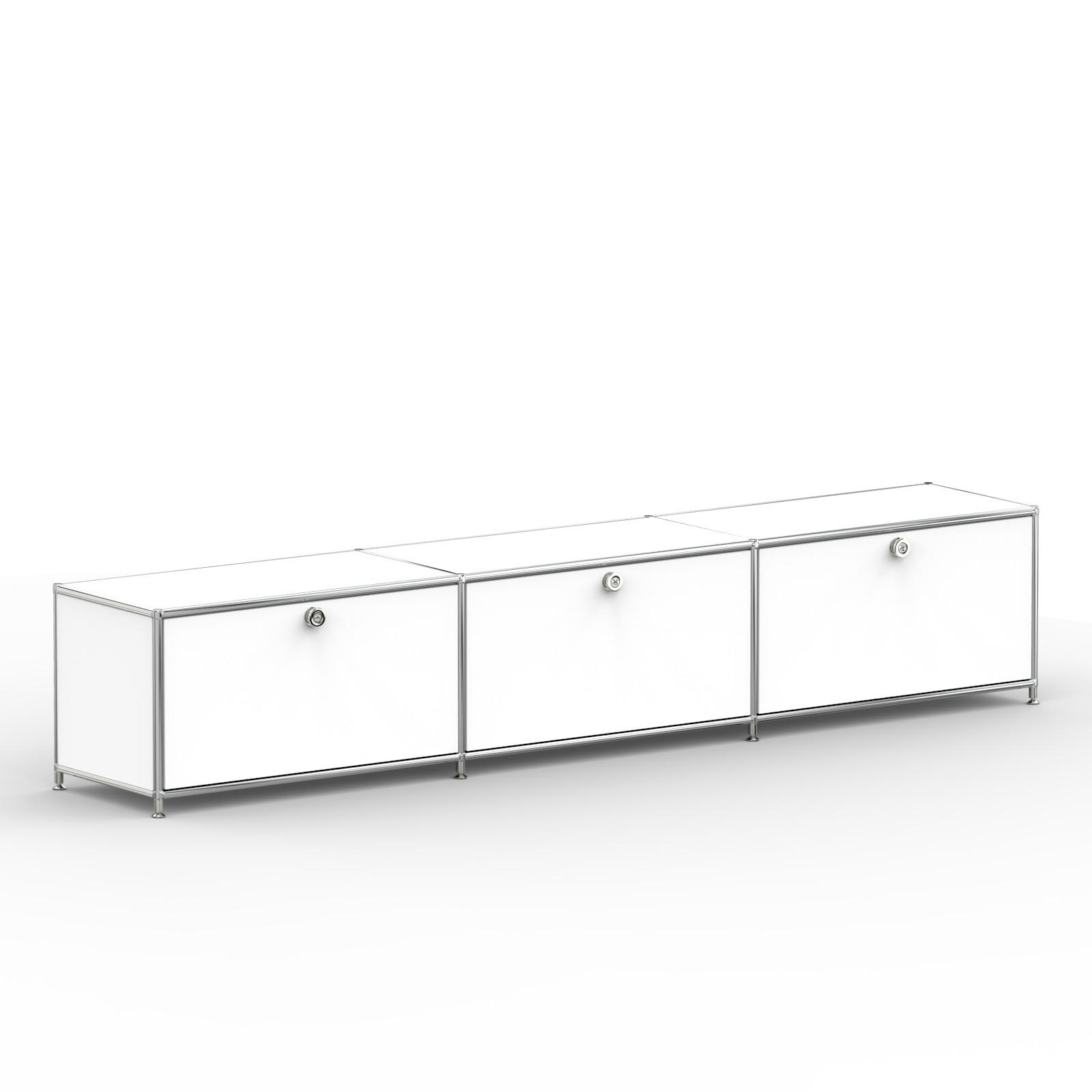 TV Board mit 3 Klappen & Schloss, Breite 227 cm, Signalweiß - Chromfarben/Silberfarben, Metall (40/43/227.2cm) - Versee