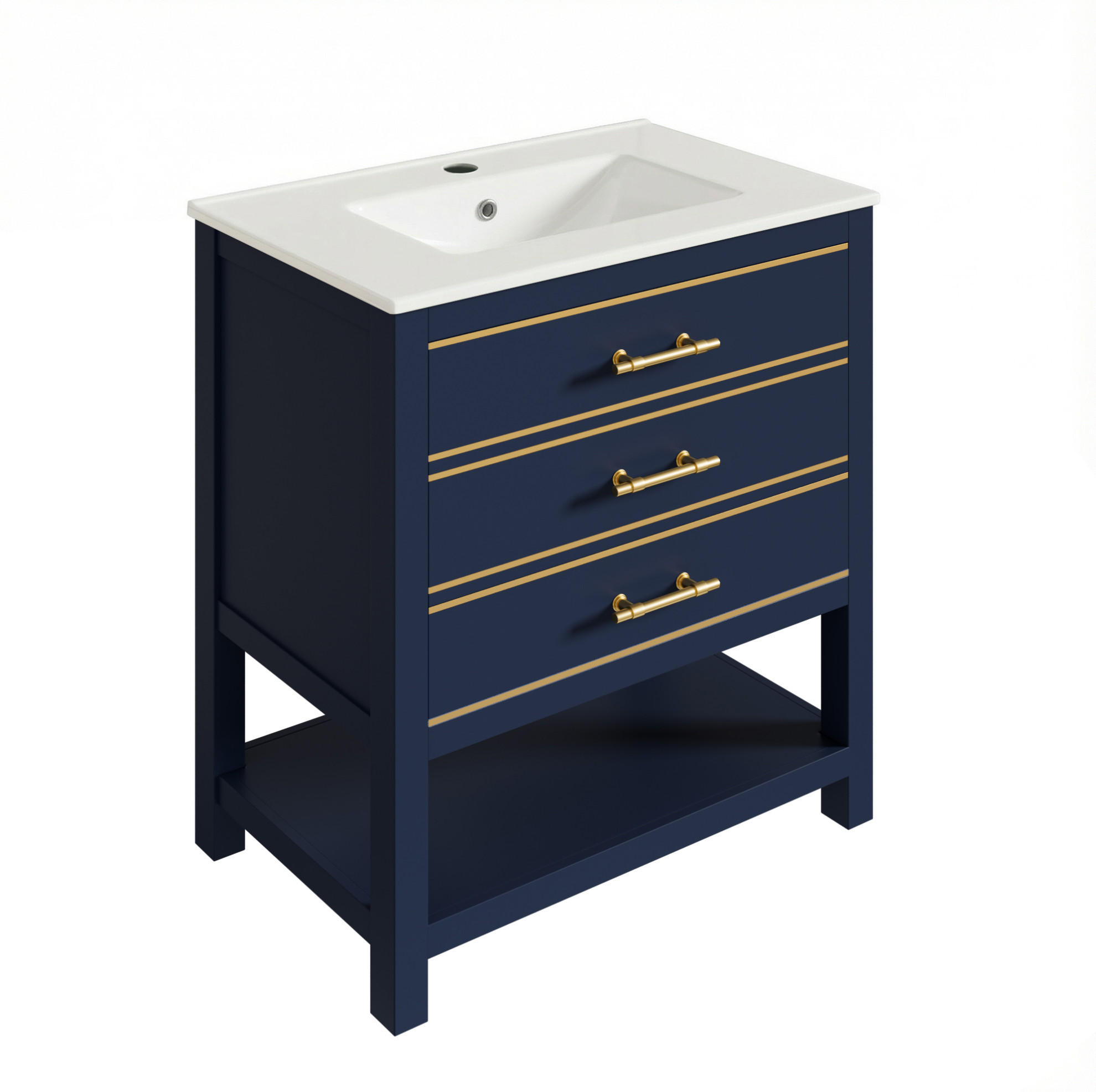 WASCHTISCHKOMBI 76/46/86 cm schwarzblau aus MDF mit Keramikbecken und 2 Schubladen - Blau, Holzwerkstoff (76/86/46.5cm) - OKWISH
