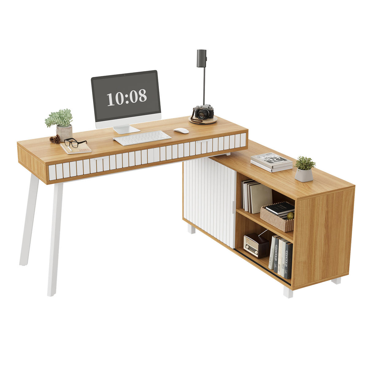 ECKSCHREIBTISCH Naturfarben Weiß 140/120/76,5 cm L-Form mit 2 Schubladen und Schrank - Naturfarben, Holzwerkstoff (120/140/76.5cm) - PANGIVO