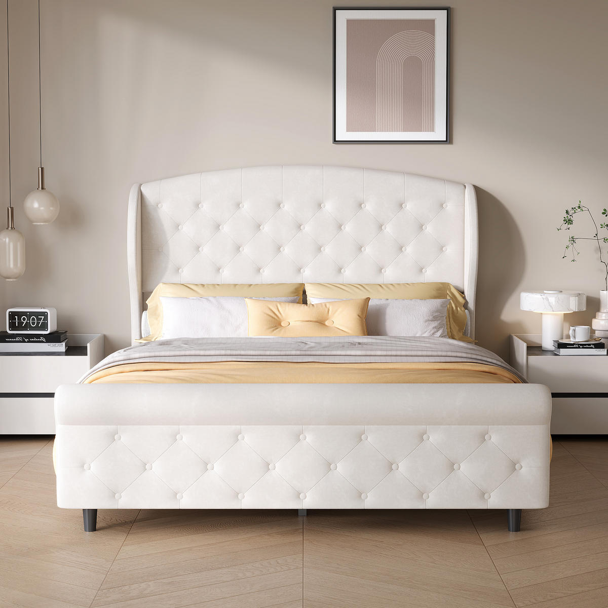 POLSTERBETT 140x200 cm Samt Beige, Doppelbett mit gepolstertem Kopfteil, Lattenrost - Beige, Metall (140/200cm) - EuroLiving