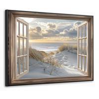 LEINWAND Bilder mit Rahmen - Ausblick - Strand - Dünen - Meer - Natur - 70x50 - Sandfarben, Textil (70/50cm) - MuchoWow