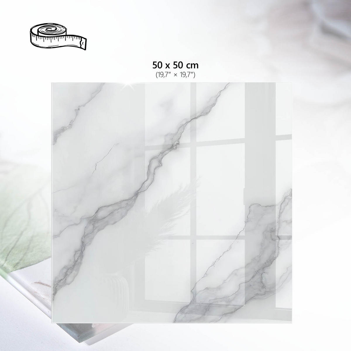 TISCHPLATTE 50x50 cm – Marmormuster - Schwarz, Glas (50/50/0.4cm) - Wallfluent