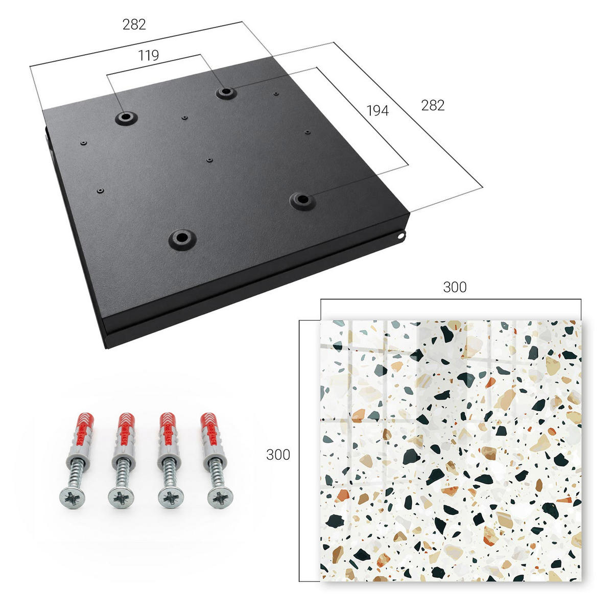 SCHLÜSSELBOX Schwarz 30x30 cm- Türöffnung nach rechts - Terrazzo-Muster - Grau, Metall (30/30/5cm) - TULUP