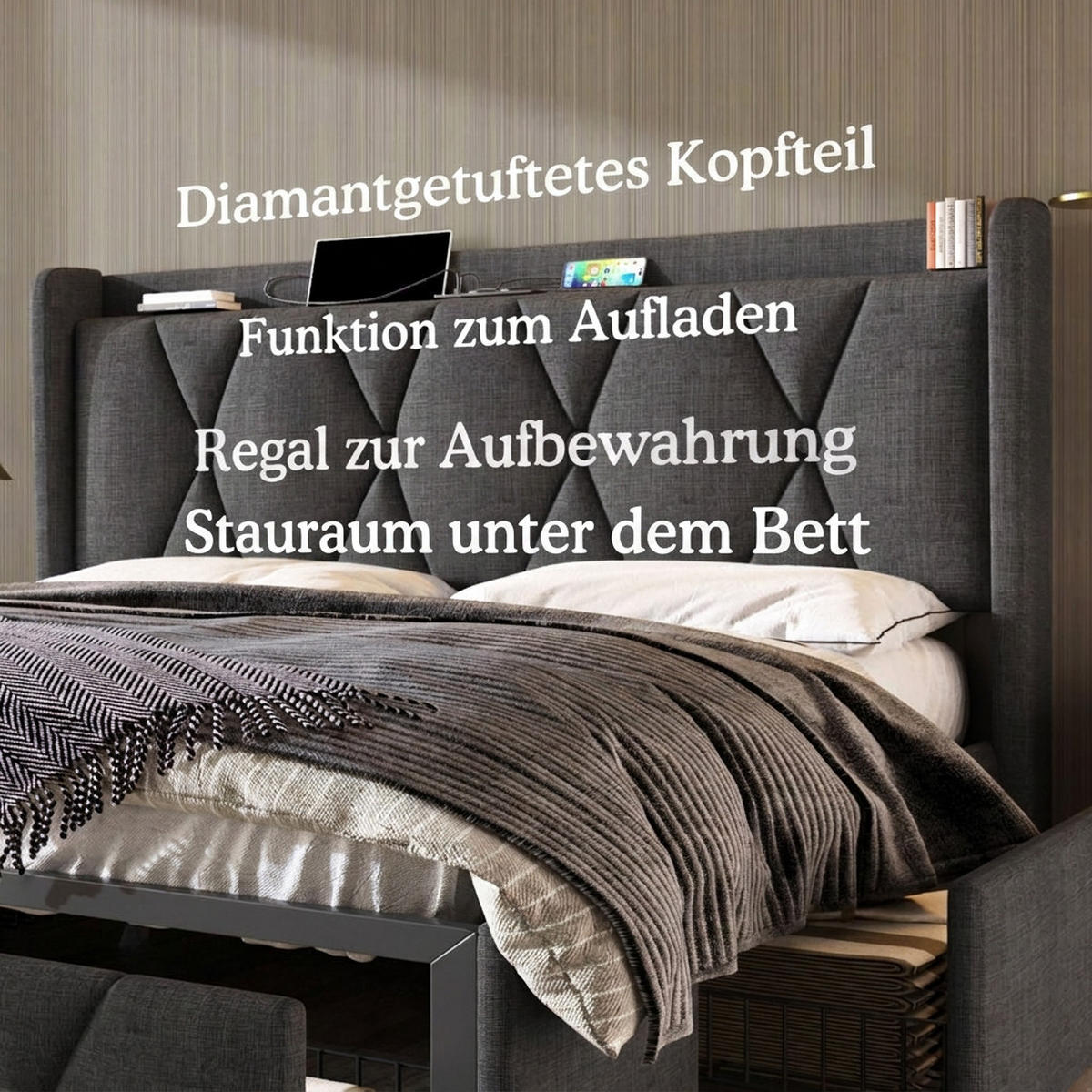 POLSTERBETT 140/200 cm Grau mit aufladen USB Ladefunktion Kopfteil und 4 Schubladen - Grau, Textil (140/200cm) - Oxeza
