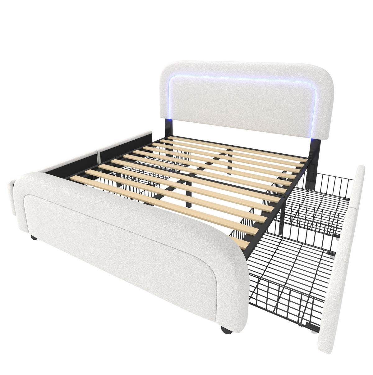 POLSTERBETT aus Sherpa 160x200 cm Weiß mit Matratze, LED-Beleuchtung, USB-C und 4 Schubladen - Weiß, Textil (160/200cm) - IVMEU