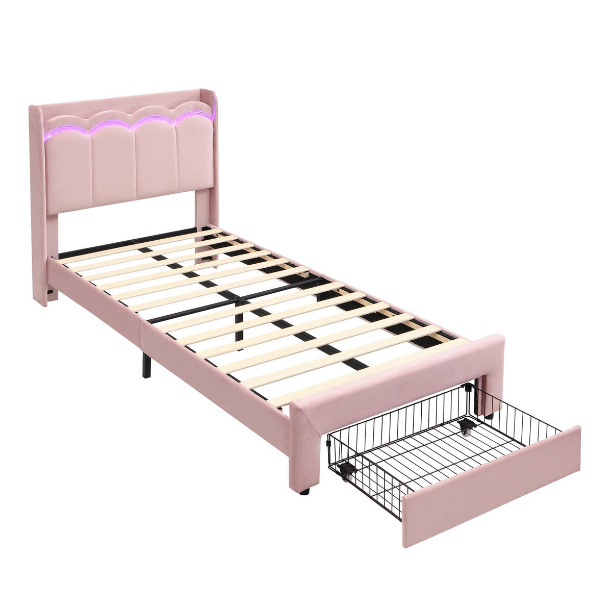 KINDER-POLSTERBETT aus Samt 90x200 cm Rosa mit Stauraumschublade und App-gesteuerter LED-Beleuchtung - Pink, Textil (90/200cm) - Modfu