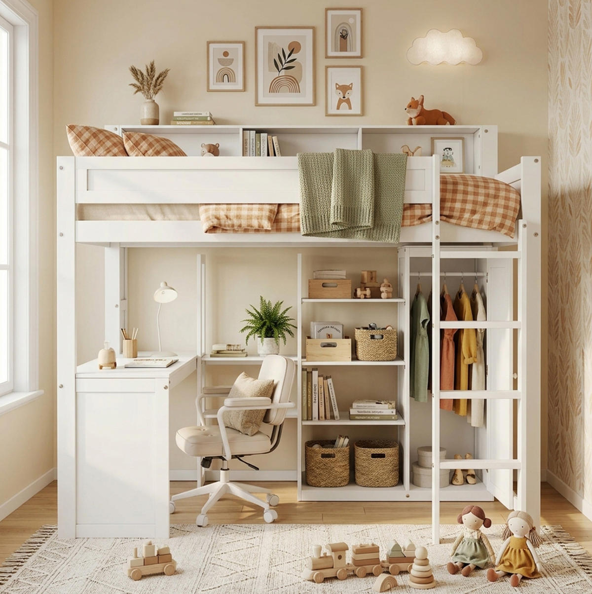 ETAGENBETT 90x200 cm in Weiß mit Schreibtisch, Kleiderschrank und Regalen - Weiß, Holz (90/200cm) - IVMEU