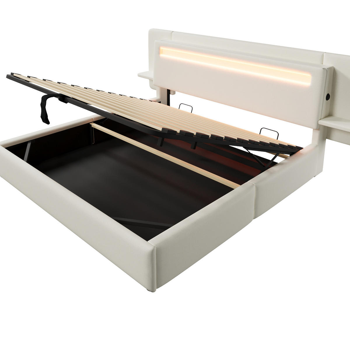 POLSTERBETT aus MDF und Leinen 180x200 cm Beige mit Bettkasten, LED-Beleuchtung, Nachttisch und USB-Anschluss - Beige, Textil (180/200cm) - Modfu