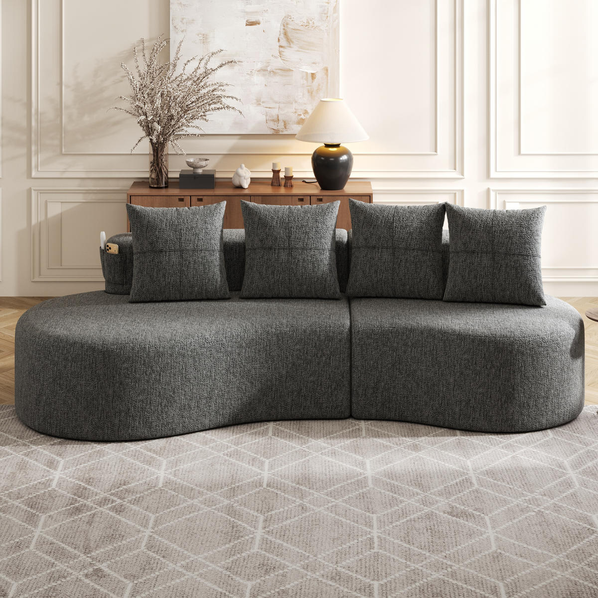 SOFA Leinen Dunkelgrau mit Becherhalter, Seitentaschen und mit Kissen - Dunkelgrau, Textil (240/63/109cm) - WISHDOR