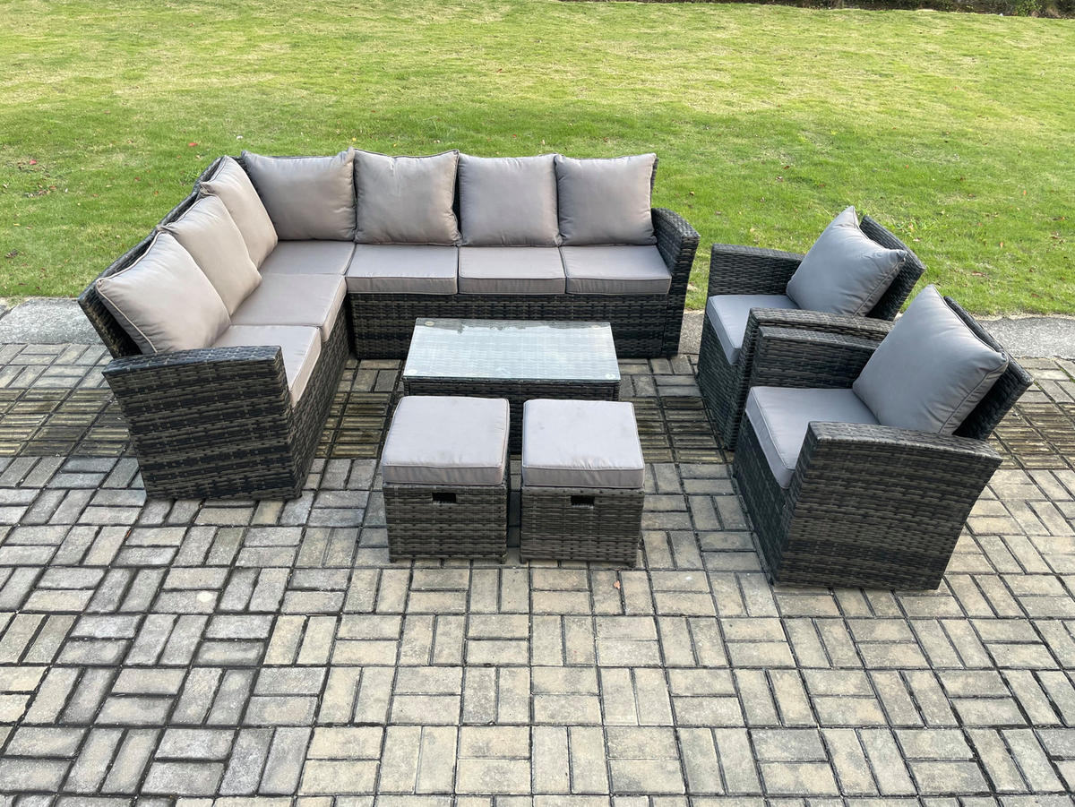 BALKONMÖBEL-SETS mit Ecksofa,Länglicher Couchtisch,2 kleine Fußhocker,2 Sesseln Polyrattan Dunkelgrau 10-Sitzer - Dunkelgrau/Grau, Glas/Kunststoff - Fimous