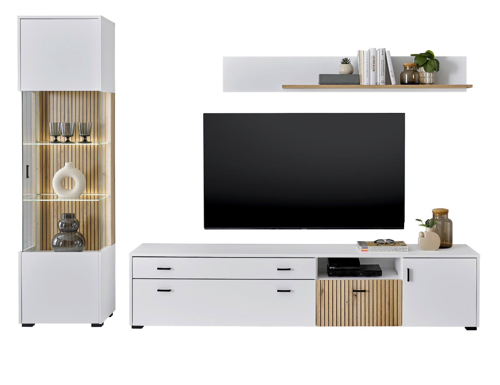 WOHNWAND weiß matt, Eiche 3-teilig 258 x 180 cm, Schrankwand mit viel Stauraum und Soft-Close-Funktion - Eichefarben/Schwarz, Glas/Holzwerkstoff (258/180/42cm)