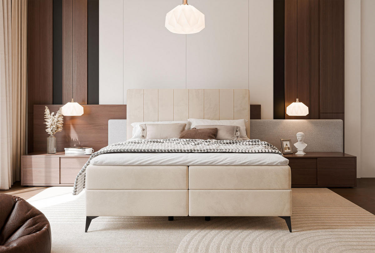 BOXBETT VERA 120x200 cm mit Matratze und Topper, Dichter wasserabweisender Samt Creme - Creme, Textil (120/200cm) - Idohome