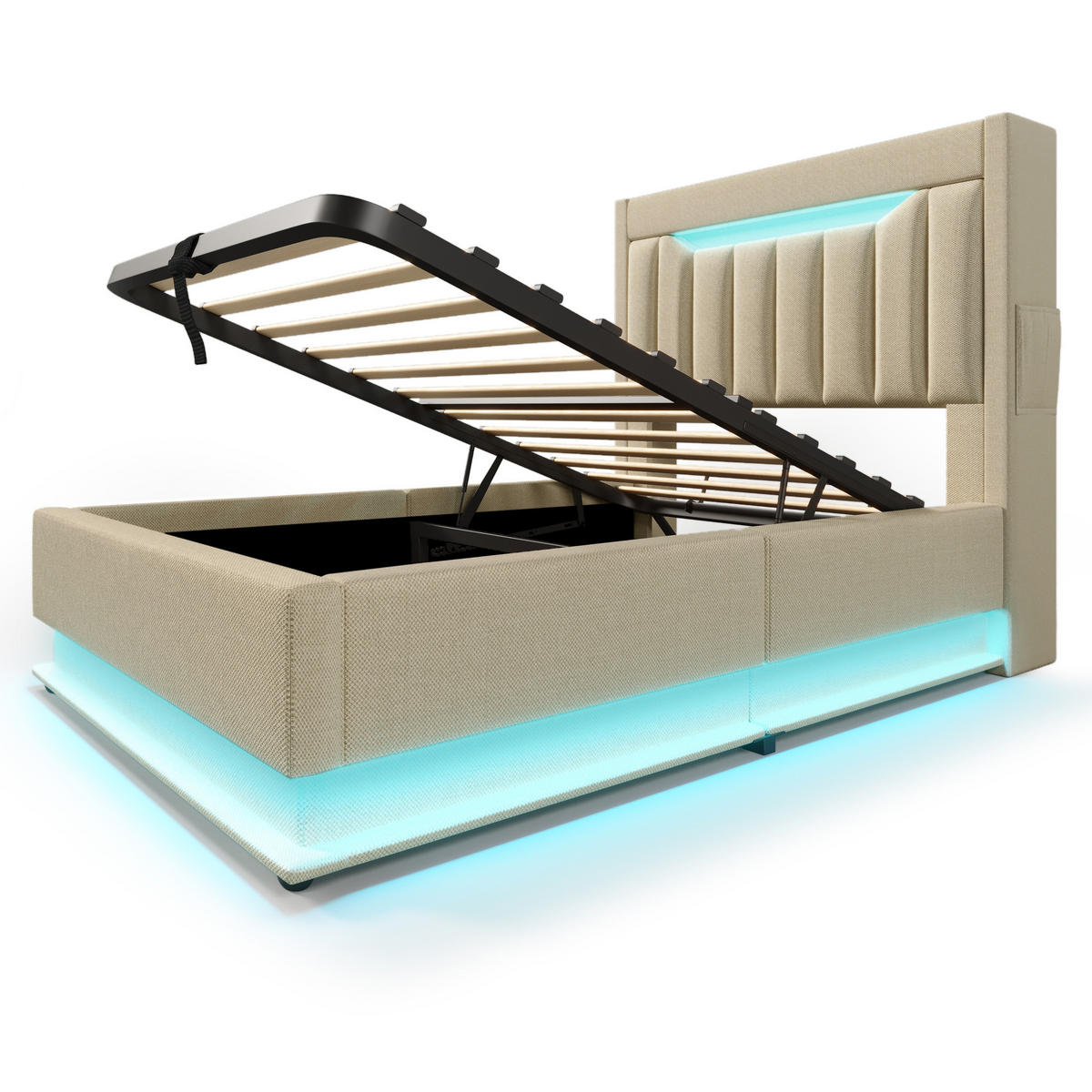 POLSTERBETT 90/200 cm Beige mit Stauraum-Kopfteil und USB-Anschlüssen - Beige, Textil (90/200cm) - OKWISH