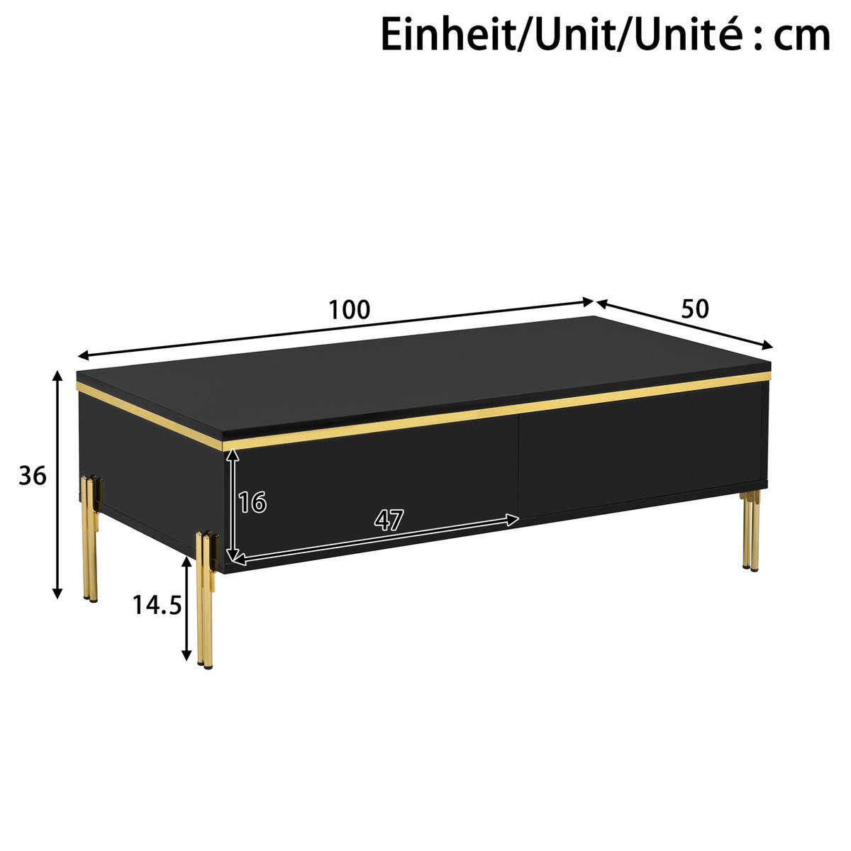 TV-MÖBEL- und Couchtisch-Set aus Spanplatte 170x38x50 + 100x50x36 cm Schwarz mit Stauraum, hochglänzend und goldfarbenen Beinen - Schwarz, Holzwerkstoff (170/50/38cm) - Modfu