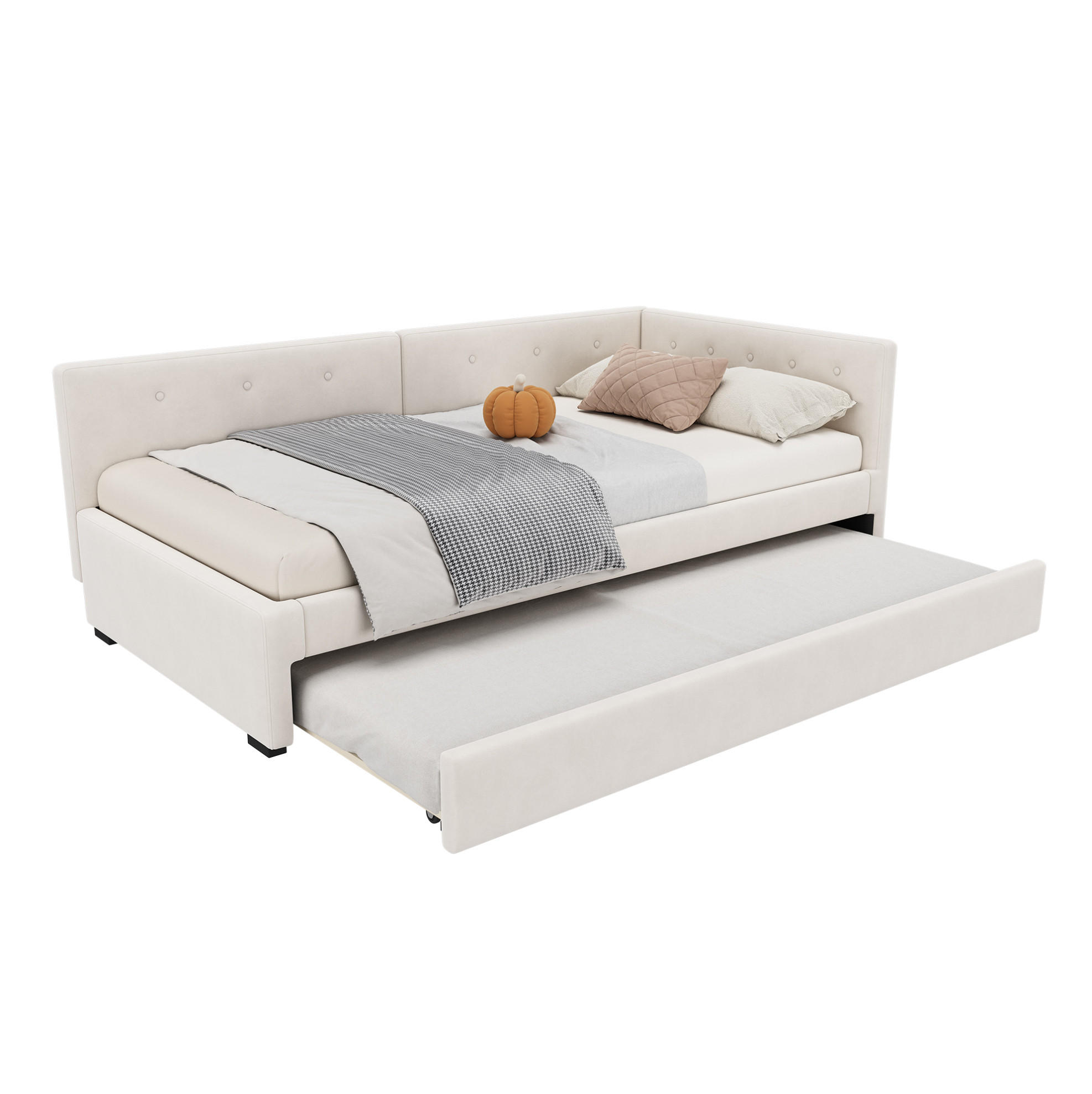DENNÁ posteľ 90/200 cm béžová s výsuvným lôžkom zo zamatu a MDF - béžová, textil (90/200cm) - OKWISH
