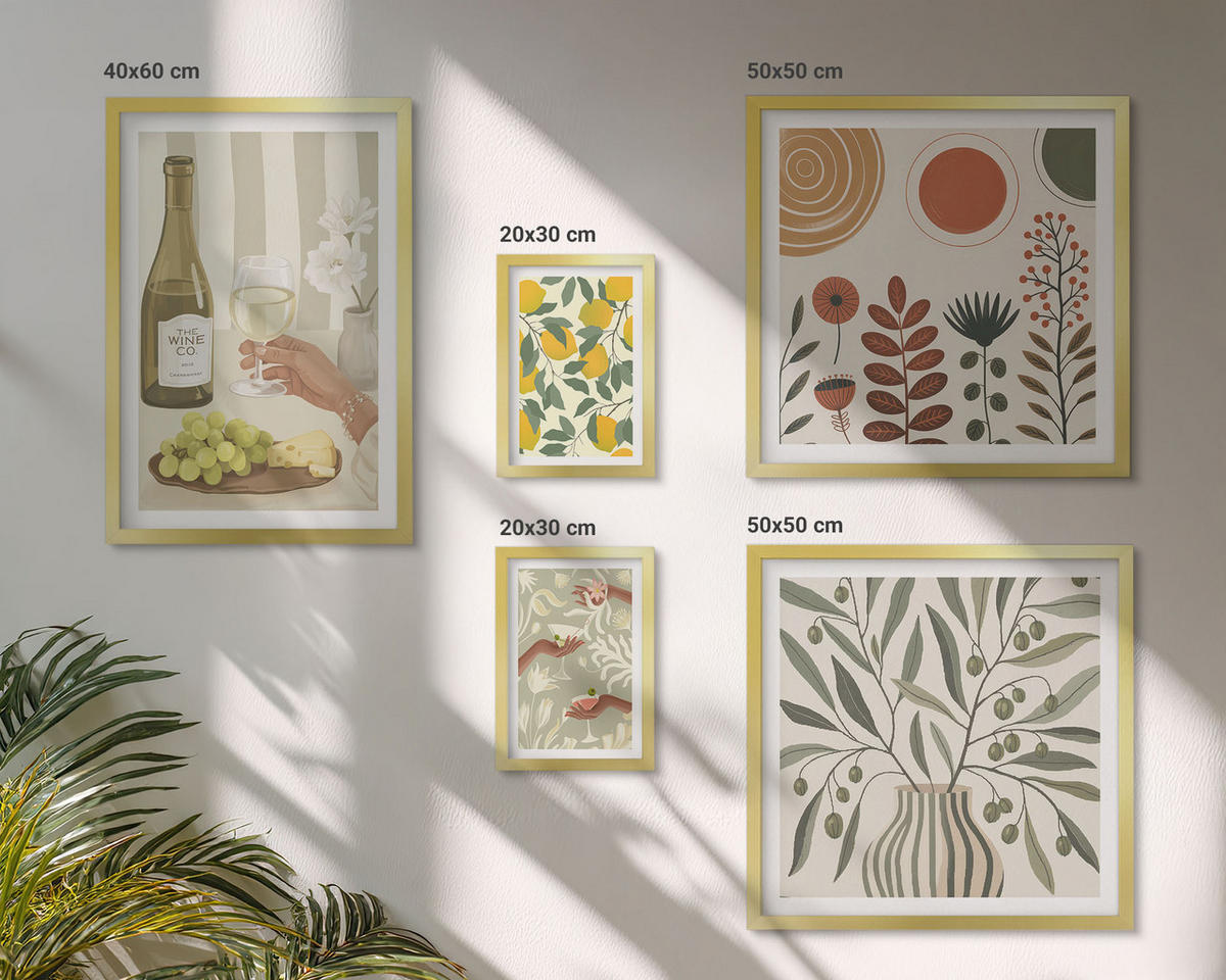 BILDER SET 5er Set - 50x50 cm & 20x30 cm & 40x60 cm Goldrahmen - Blumenmuster in Orange und Grün - Goldfarben, Kunststoff (40/60cm) - TULUP