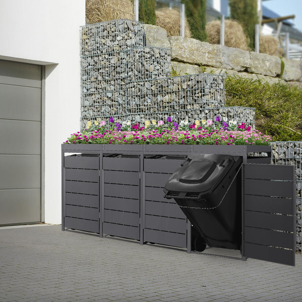 MÜLLTONNENBOX 4er mit Pflanzdach 240L 260x80x124 cm Anthrazit aus Stahl - Anthrazit, Metall (80/124/260cm) - ML-DESIGN