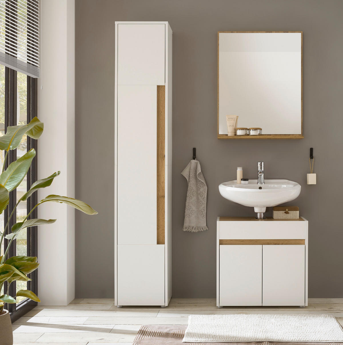 BAD-HOCHSCHRANK weiß, Wotan Eiche, Badschrank 34 x 200 cm - Silberfarben/Eiche Wotan, Holz/Holzwerkstoff (34/199/34cm) - Furn.Design