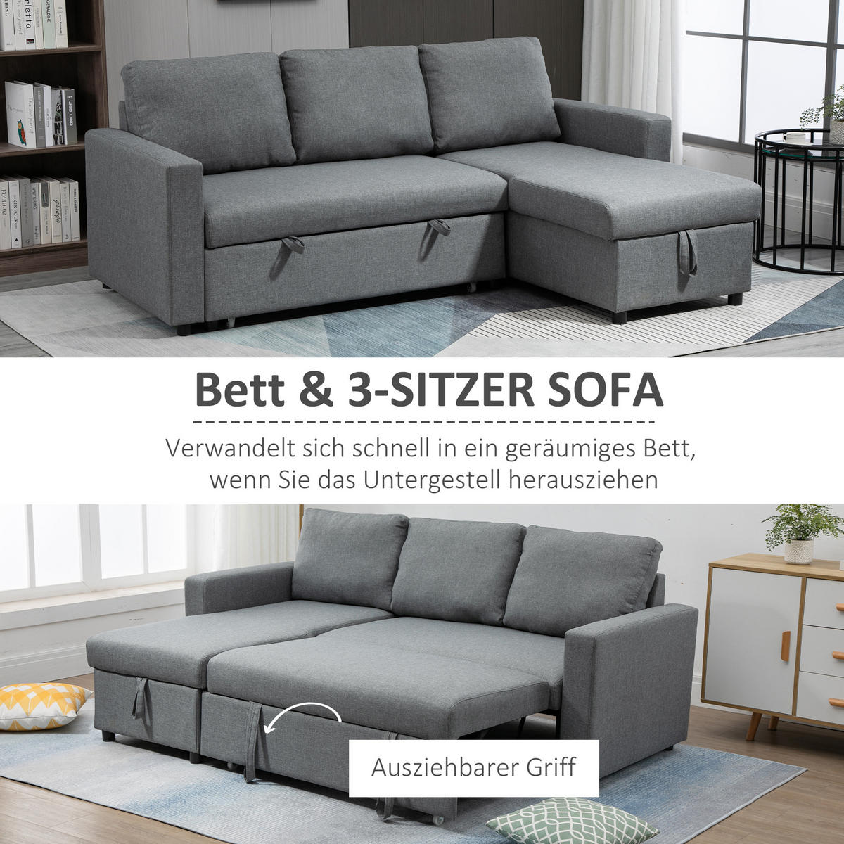 ECKSOFA mit Schlaffunktion Stauraum Eckcouch mit Chaiselongue Schlafsofa L-Form - Hellgrau/Schwarz, Kunststoff/Textil (146/211.5cm) - HOMCOM