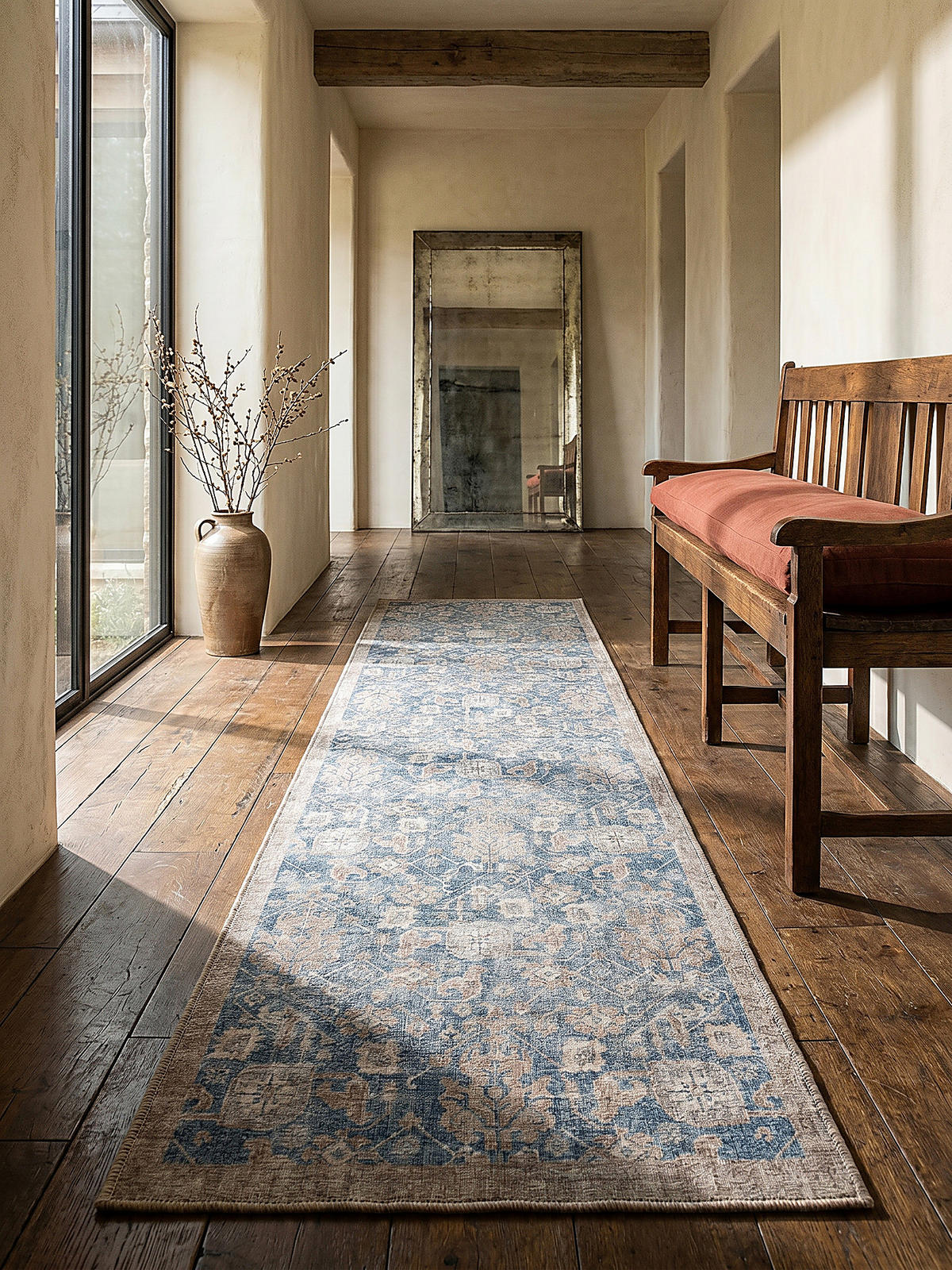 TEPPICH waschbar Vintage Floral, Orientalisch, Wohnzimmer schmutzabweisend Blau Läufer 60x230 - Blau, Textil (60/230cm) - KADIMA DESIGN