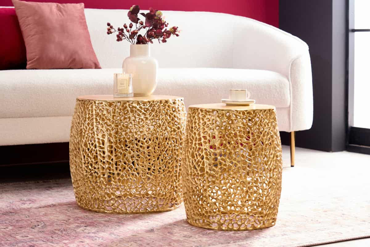 COUCHTISCH 2er Set ABSTRACT LEAF rund Gold 45cm - Goldfarben, Metall (45/45/42cm) - riess-ambiente