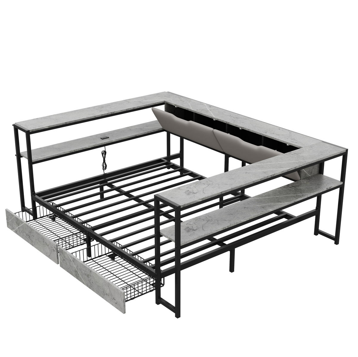 POLSTERBETT 140/200 cm mit USB- und Type-C-Anschluss, 2 Schubladen und 6 Staufächern, Leinenoptik, Grau - Grau, Holzwerkstoff (140/200cm) - Redom