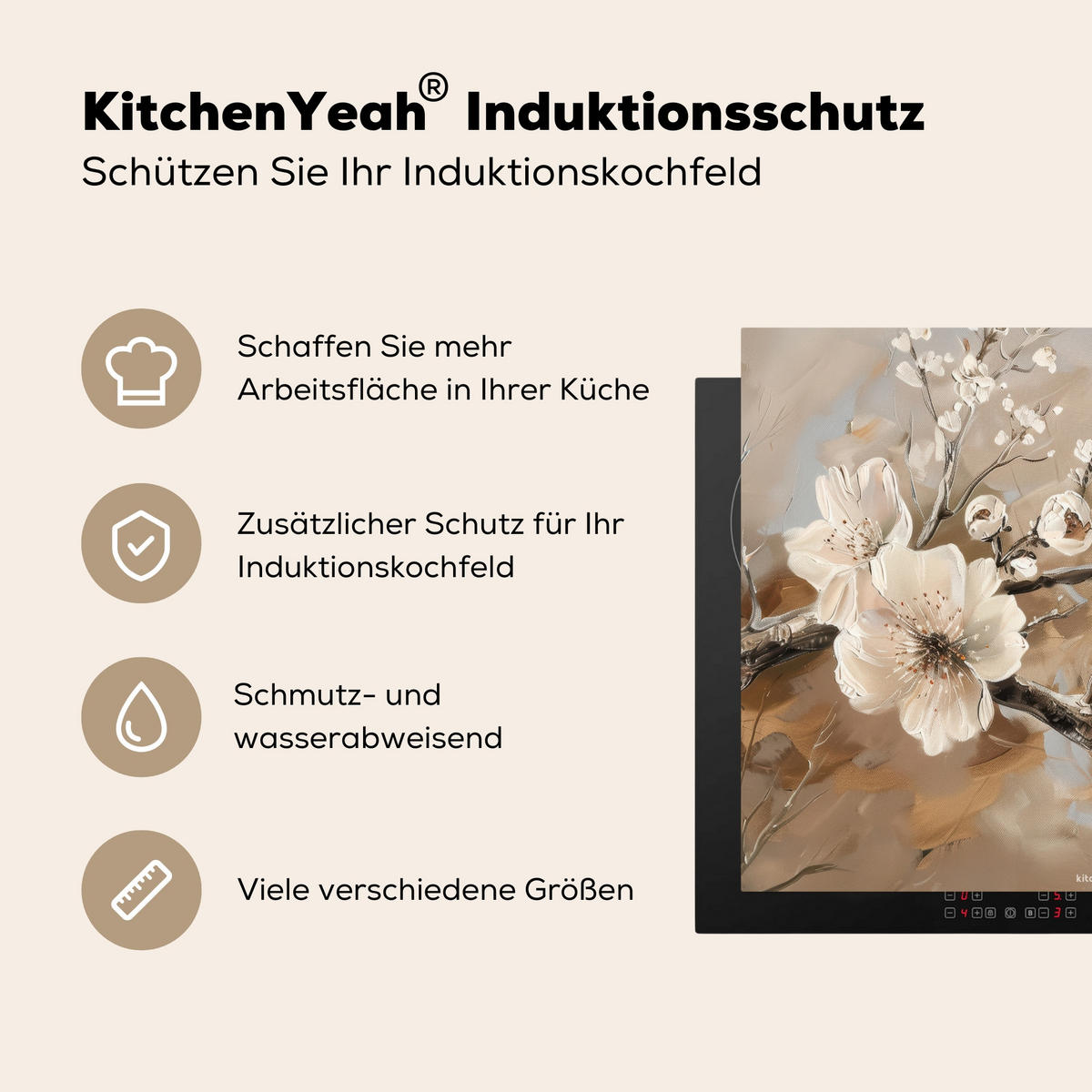 HERDABDECKPLATTE Blumen - Abstrakt - Gemalt - Beige 77x59 cm - Beige, Kunststoff (77/59/0.2cm) - MuchoWow