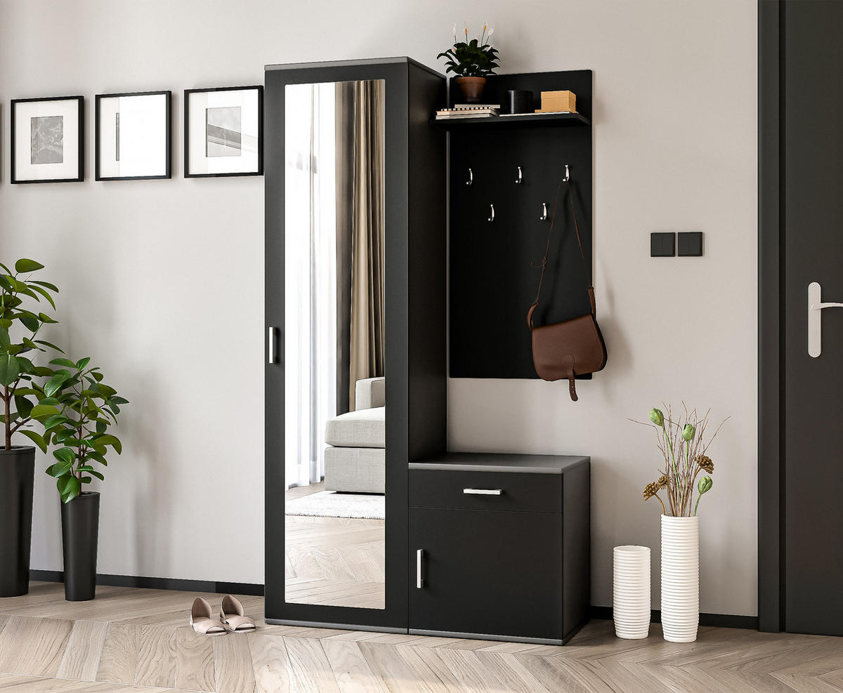 GARDEROBENSCHRANK Magnola Grau Schwarz 100/180,5/35 cm – Modern, mit Spiegel und viel Stauraum - Schwarz/Grau, Holzwerkstoff/Kunststoff (100/180.5/35cm) - AX Living