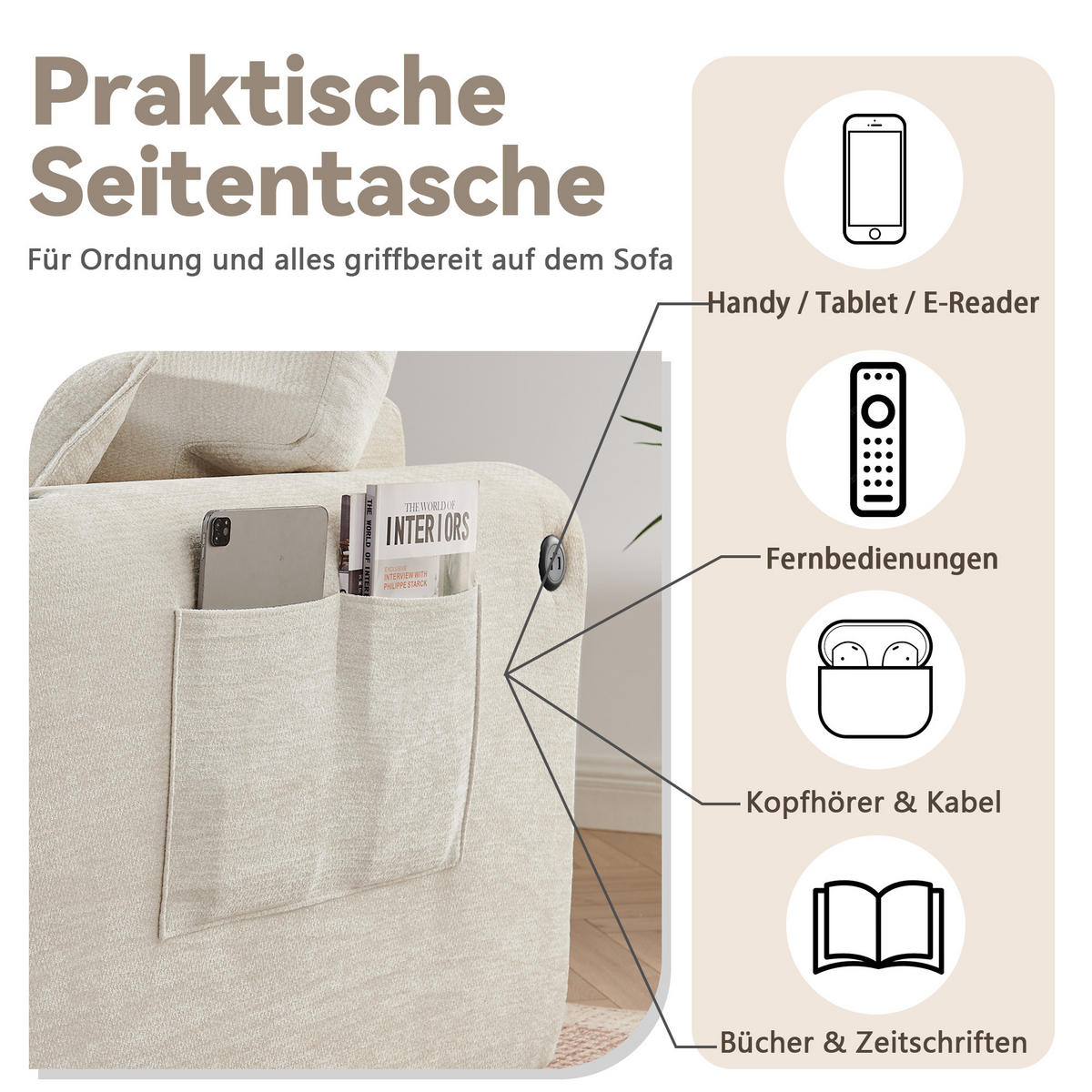 2-SITZER SOFA Chenille Beige mit USB, Kissen, Getränkehalter und Tasche - Beige, Textil (220/89/100cm) - WISHDOR