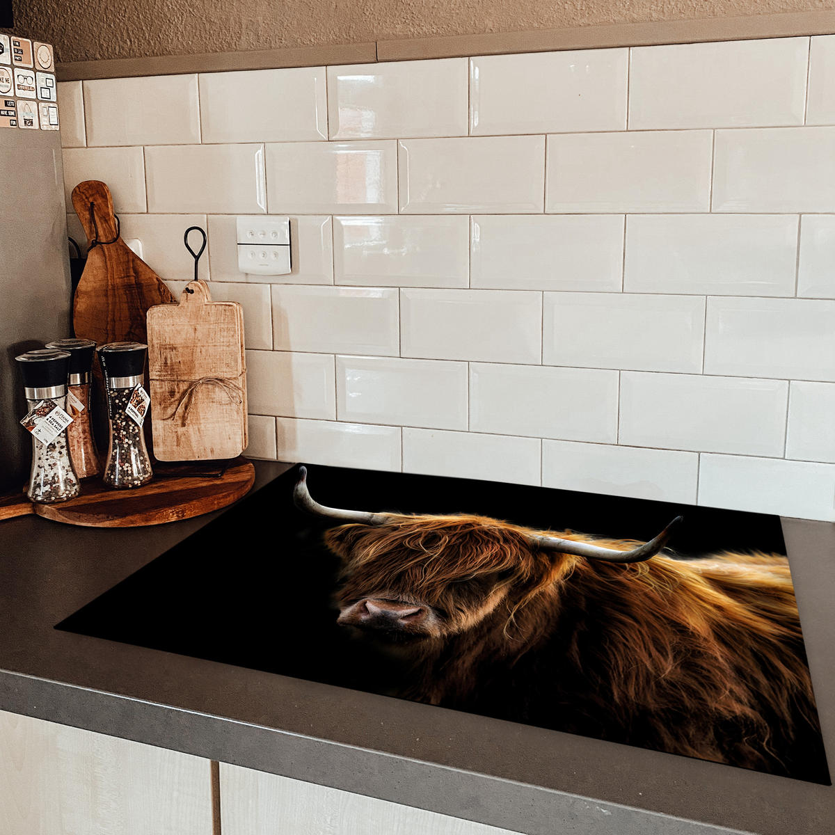 HERDABDECKPLATTE Schottischer Highlander - Hörner - Schwarz - Tiere - Natur - Wild - Kuh Herdabdeckung Induktionsfeld 75x52 cm - Cognac, Kunststoff (75/52/0.2cm) - MuchoWow