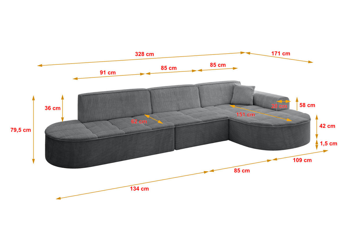 ECKSOFA Ottomane Rechts TARO-L2 - 328x171x79,5 cm Dunkelgrau - Dunkelgrau, Holzwerkstoff/Textil (328/171cm) - ALTDECOR