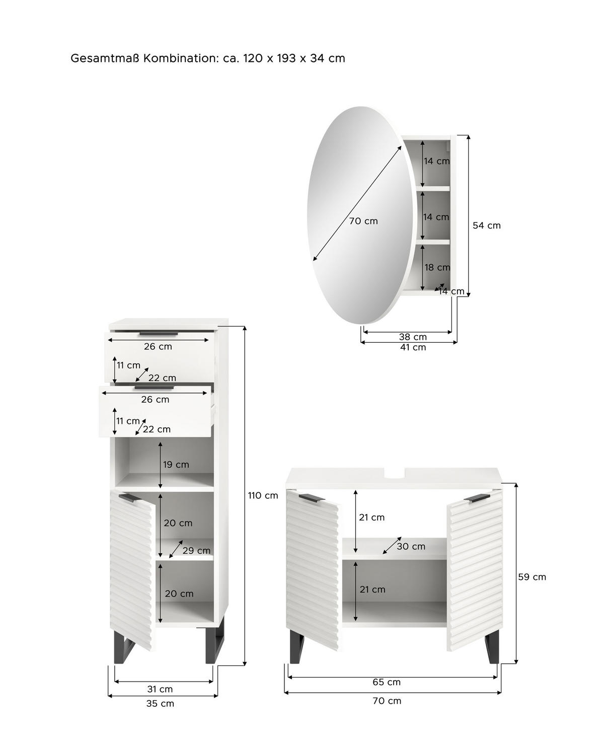BADKOMBINATION Bad Set Riff (B/H/T: 120x193x34 cm) Weiß 3tlg. - Weiß, Holzwerkstoff (120/193/34cm)