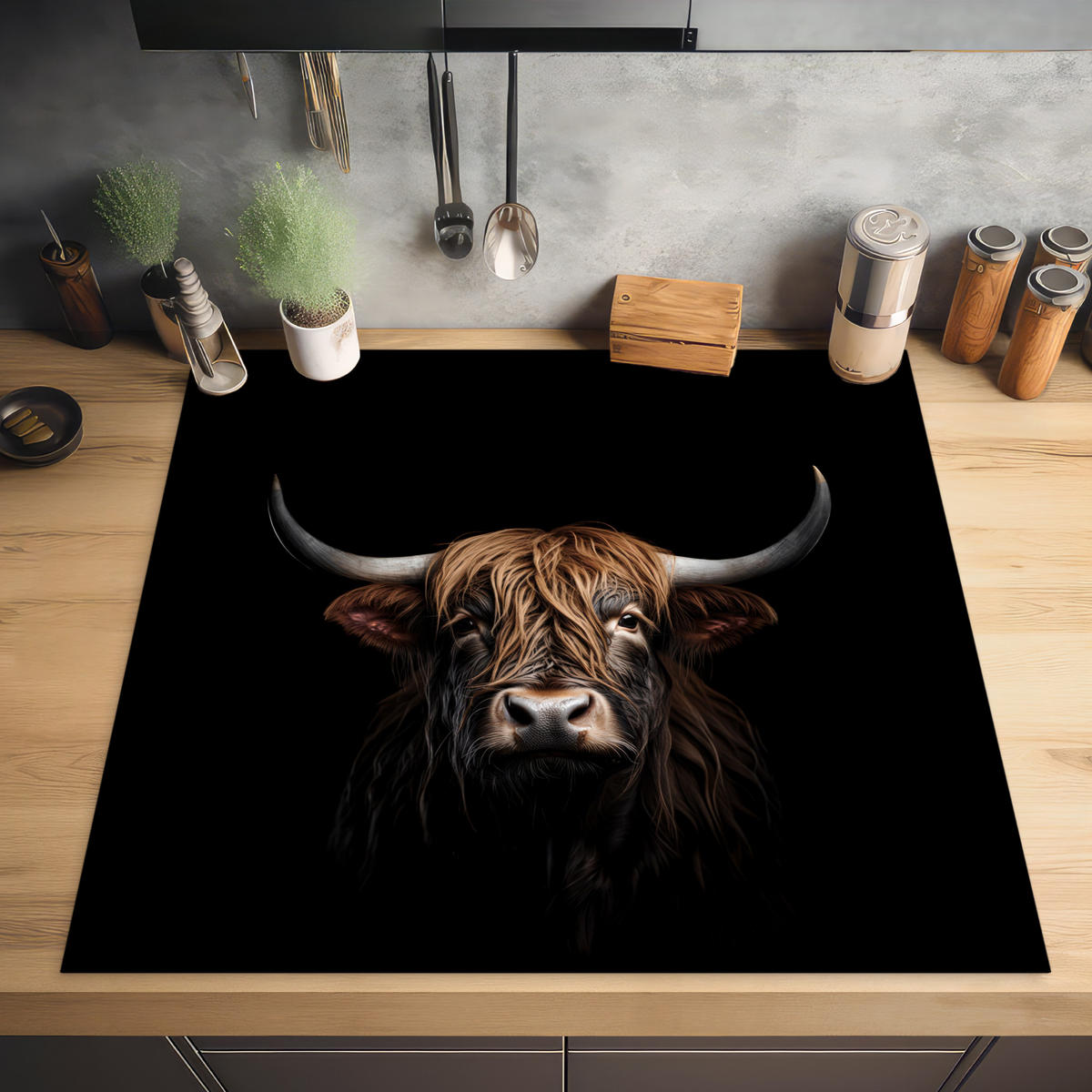 HERABDECKPLATTE - Schottischer Highlander - Porträt - Schwarz - Tier - 60x60 - Braun, Kunststoff (60/60/0.2cm) - MuchoWow