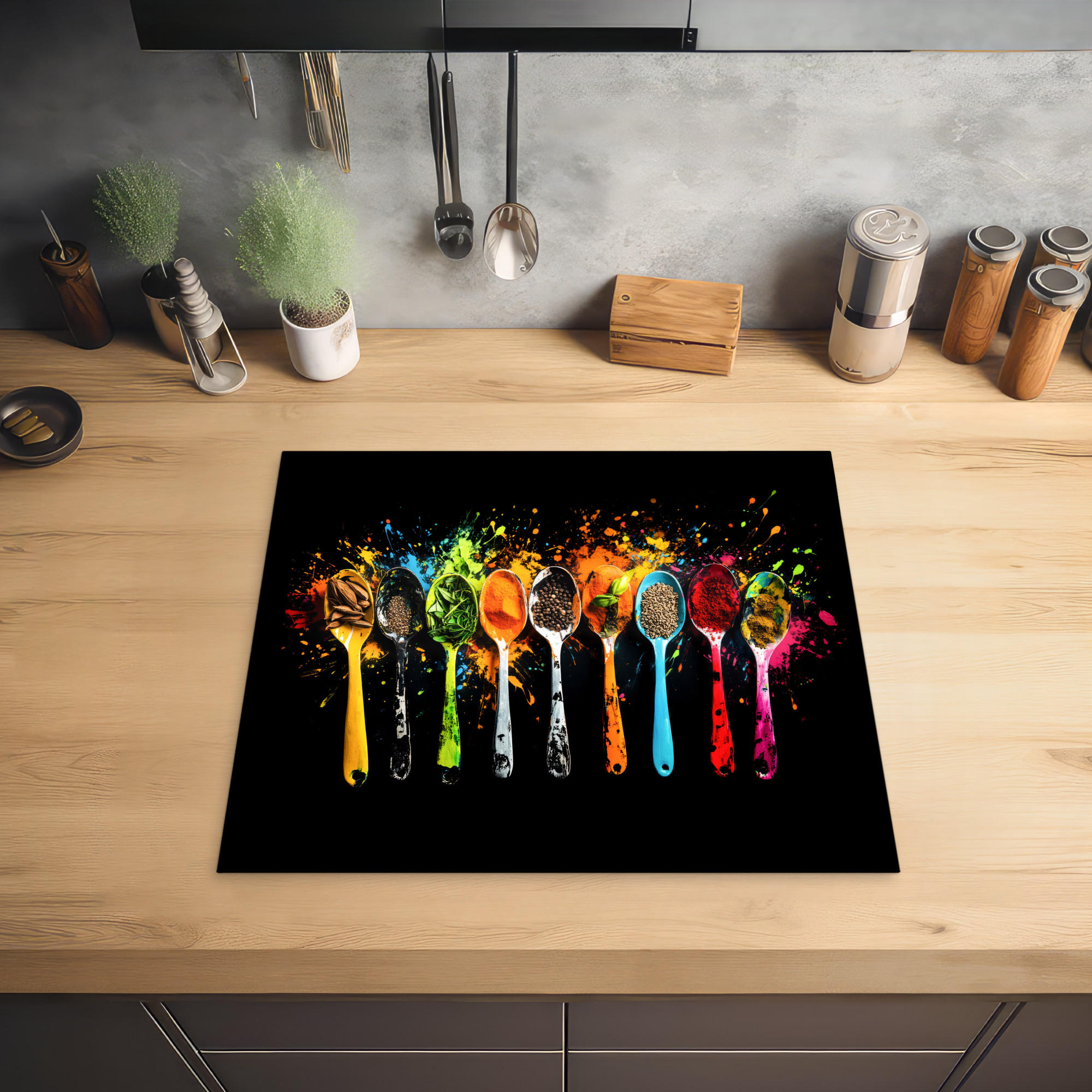 HERDABDECKPLATTE Löffel - Gewürze - Modern - Graffiti - Farbe - Farbenfroh 58x51 cm - Multicolor, Kunststoff (58.3/0.2/51.3cm) - MuchoWow