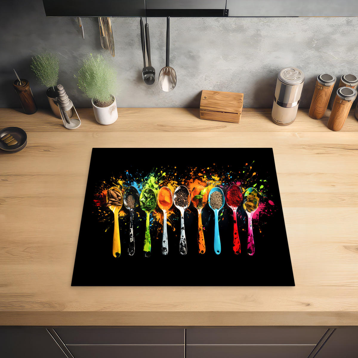 HERDABDECKPLATTE Löffel - Gewürze - Modern - Graffiti - Farbe - Farbenfroh 60x52 cm - Multicolor, Kunststoff (60/0.2/52cm) - MuchoWow