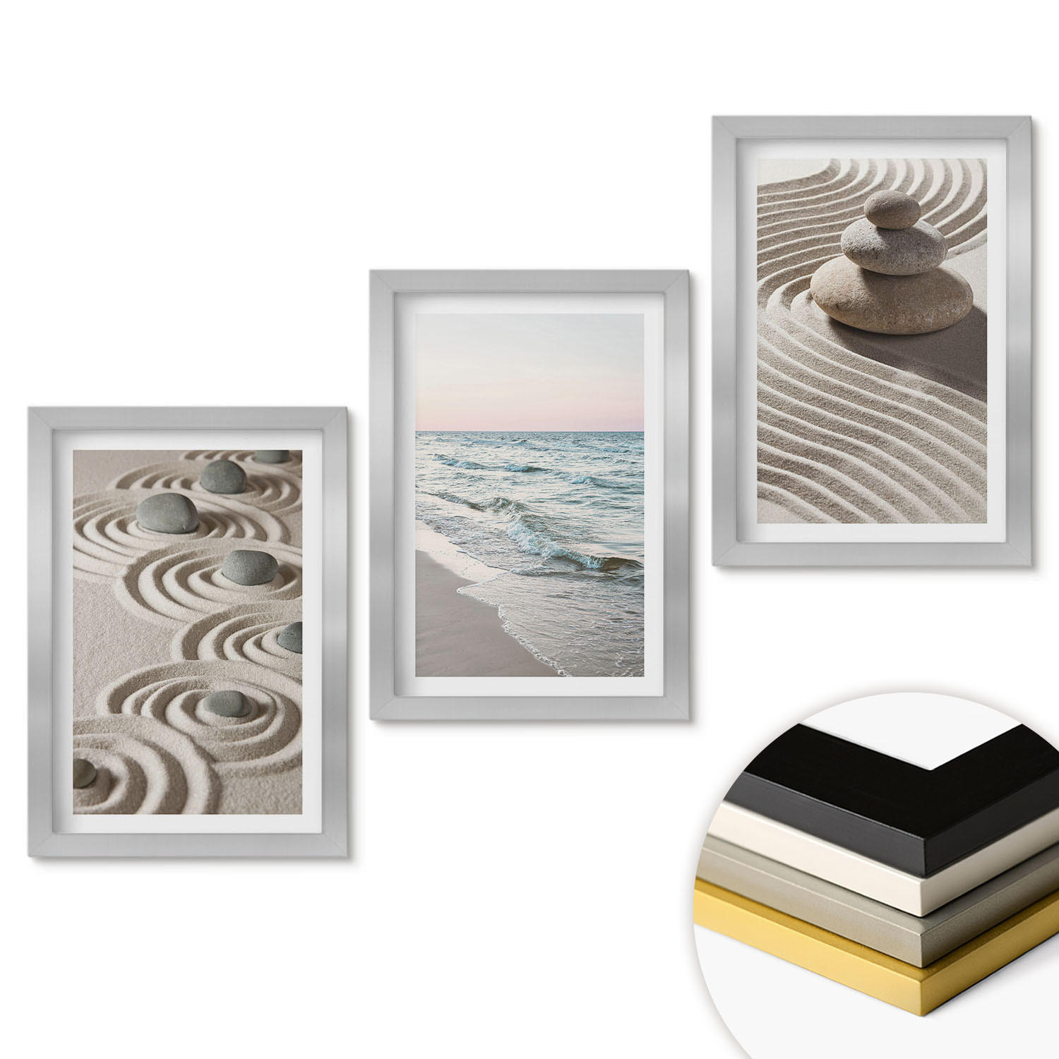 WANDBILDER 3er Set - 20x30 cm Silberner Rahmen - Wellen, Sand, Wasser, Steine, Strand - Silberfarben, Kunststoff (20/30cm) - ArtPrintCave