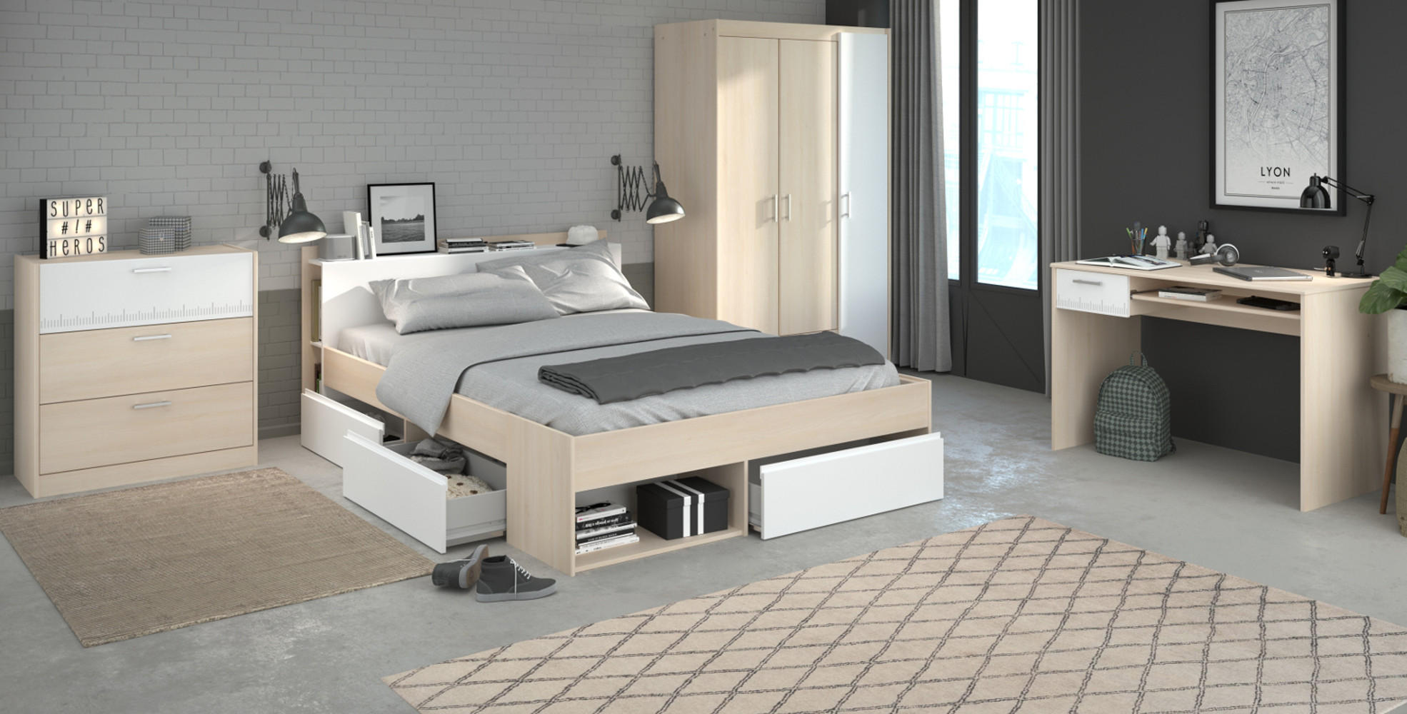 JUGENDZIMMER Set Kleiderschrank Kommode Schreibtisch Bett 160cm - Silberfarben/Weiß, Holz/Holzwerkstoff (160/179/52cm) - Parisot Meuble