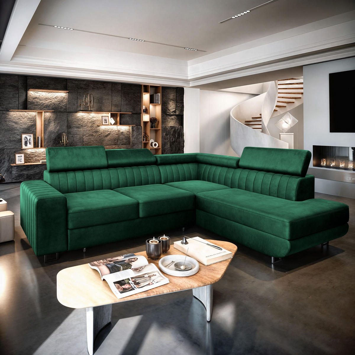 ECKSOFA NOLA R-S Grün Velours-Stoff mit Schlaffunktion - Grün, Holz (253/190cm) - MASSENO