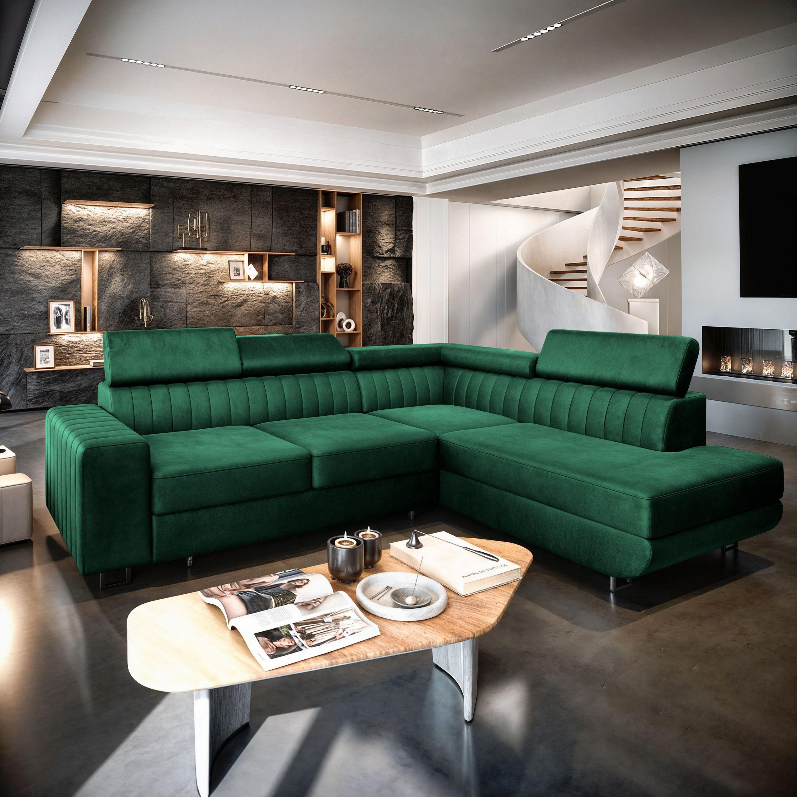 Thumbnail - Masseno Ecksofa, Grün, Holz, 4-Sitzer, L-Form,L-Form, 253x190 cm, Wohnzimmer, Sofas & Couches, Wohnlandschaften, Ecksofa...