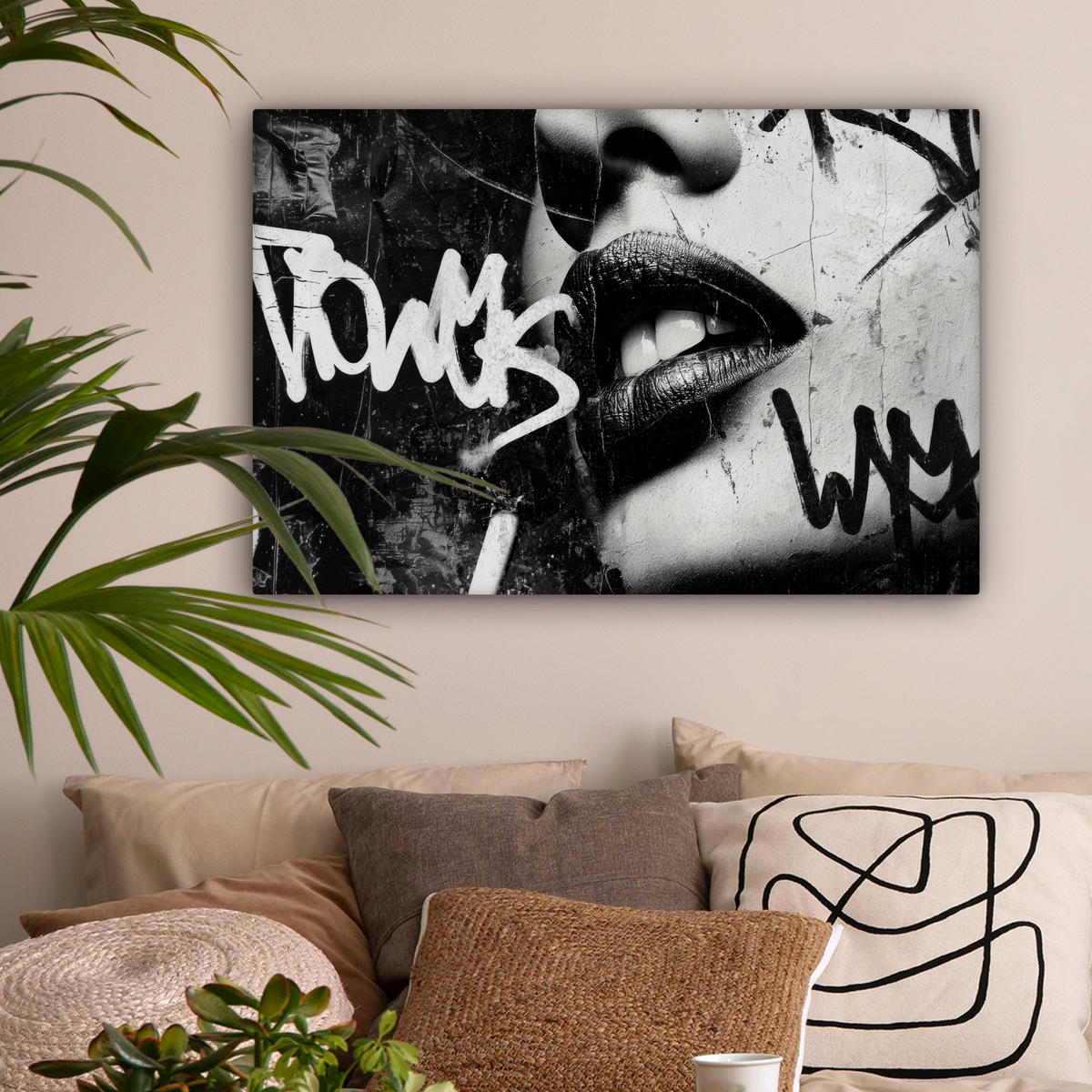 LEINWANDBILD Gesicht - Mund - Graffiti - Schwarz Wanddeko 90x60 cm - Schwarz, Textil (90/60cm) - MuchoWow