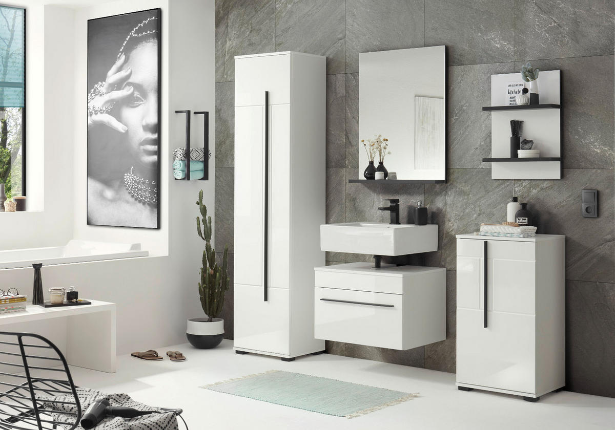BAD-KOMMODE weiß Hochglanz, Badschrank Unterschrank, 45 x 87 cm - Weiß Hochglanz/Schwarz, Holzwerkstoff/Kunststoff (45/88/35cm) - Furn.Design