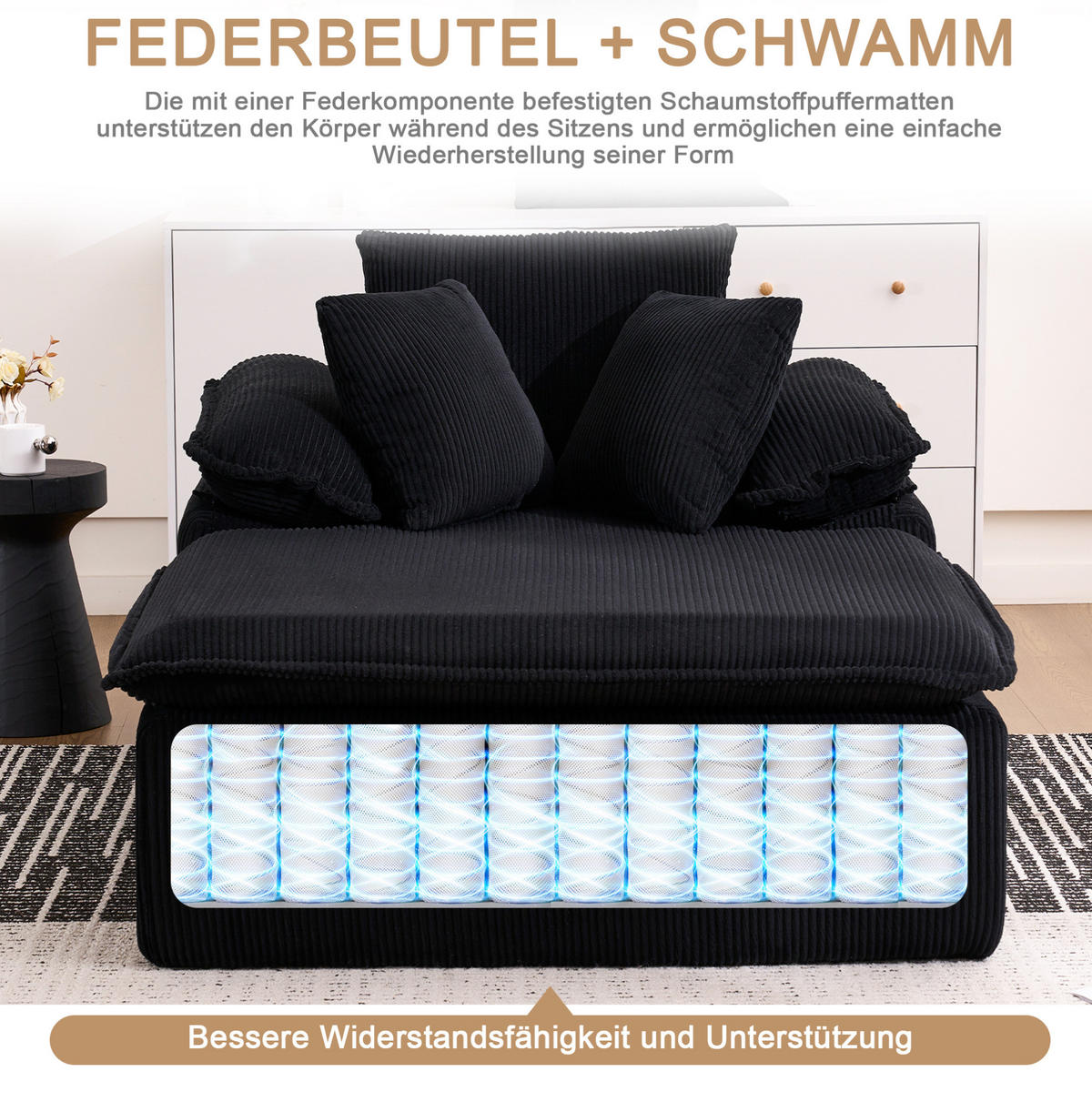 RELAXSOFA Cord ergonomisch mit breiten Armlehnen 177/122/92 cm Schwarz - Schwarz, Textil (122/92/177cm) - Redom