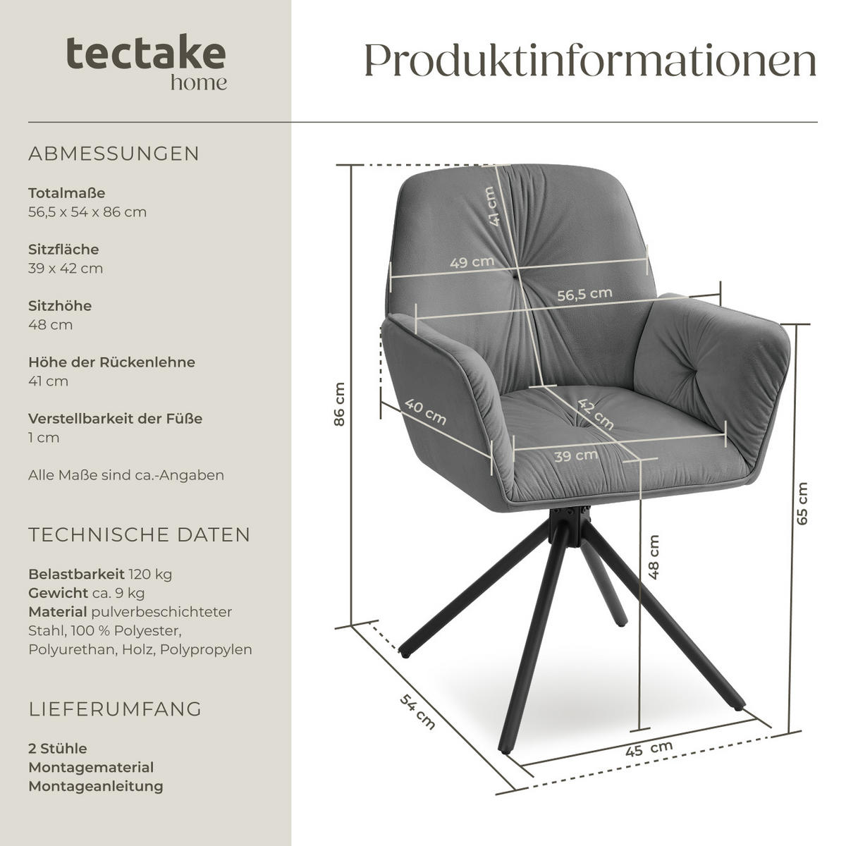 ARMLEHNSTUHL Drehbar Lenia,56,5 x 54 x 86 cm,Samtoptik anthrazit/schwarz - Anthrazit/Schwarz, Kunststoff (56.5/86/54cm) - tectake