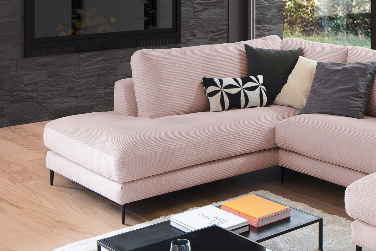 WOHNLANDSCHAFT CARA Pink Cord - Pink/Roségold, Textil (341/84/223cm) - KAWOLA